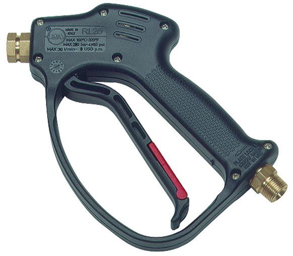 RL26 high-pressure gun with forged body and black-red handle. 3/8M-1/4 F Bsp