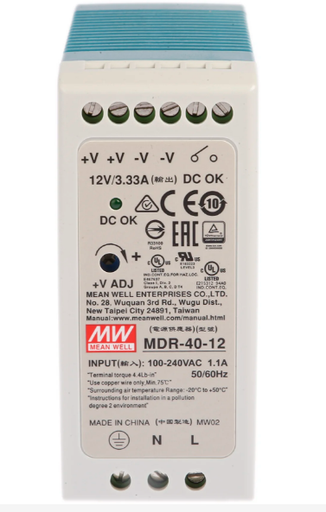 [D/08] RS MDR-40-12 Napájací zdroj na lištu DIN 40W, počet výstupov- prepínací režim 3.33A, výstup 12V DC